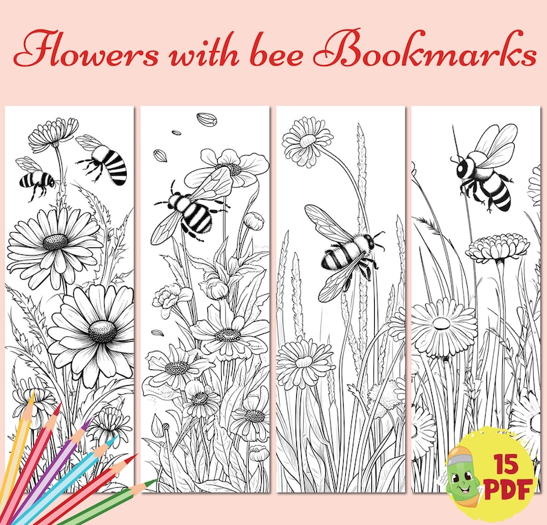 Printable Flowers With Bee Bookmarks for Kids and Adults, Digital ...