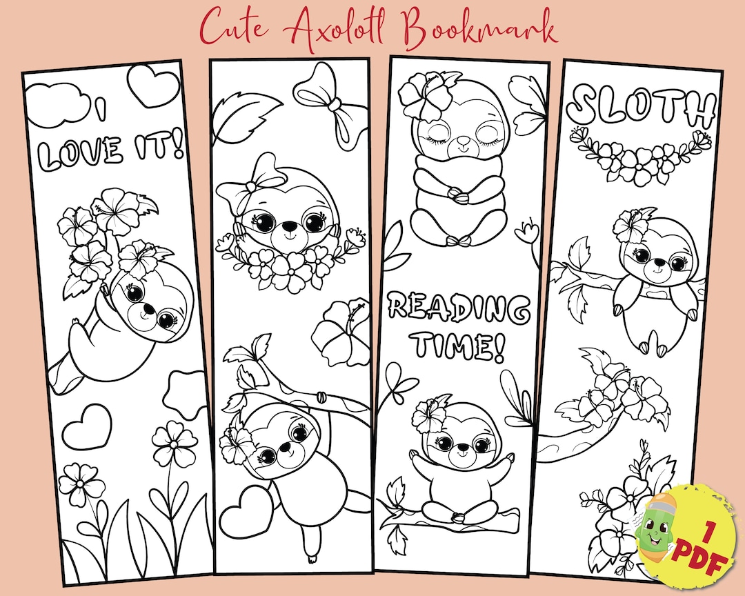 Printable Cute Sloth Coloring Bookmarks for Kids, Baby Sloths, Summer