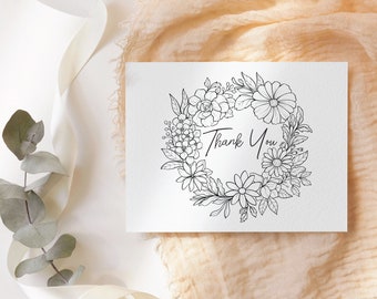 Printable flower wreath thank you greeting card, love greeting card, card, appreciation card, digital card,  floral coloring greeting card