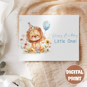 Printable cute baby Lion birthday  greeting card, birthday card, , greeting card for toodler, digital download, water color lion bday card