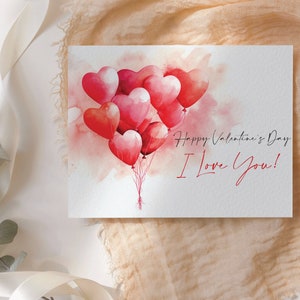 Druckbare rote Herzballons, Liebesgrußkarte, druckbare ich liebe dich Karte, Valentinskarte, digitale Liebeskarte, Grußkarte, Herzform