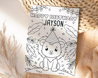 Carte d'anniversaire à colorier mignon bébé lion, animaux mignons, carte de joyeux anniversaire, carte personnalisée, cadeau d'anniversaire, carte d'anniversaire numérique