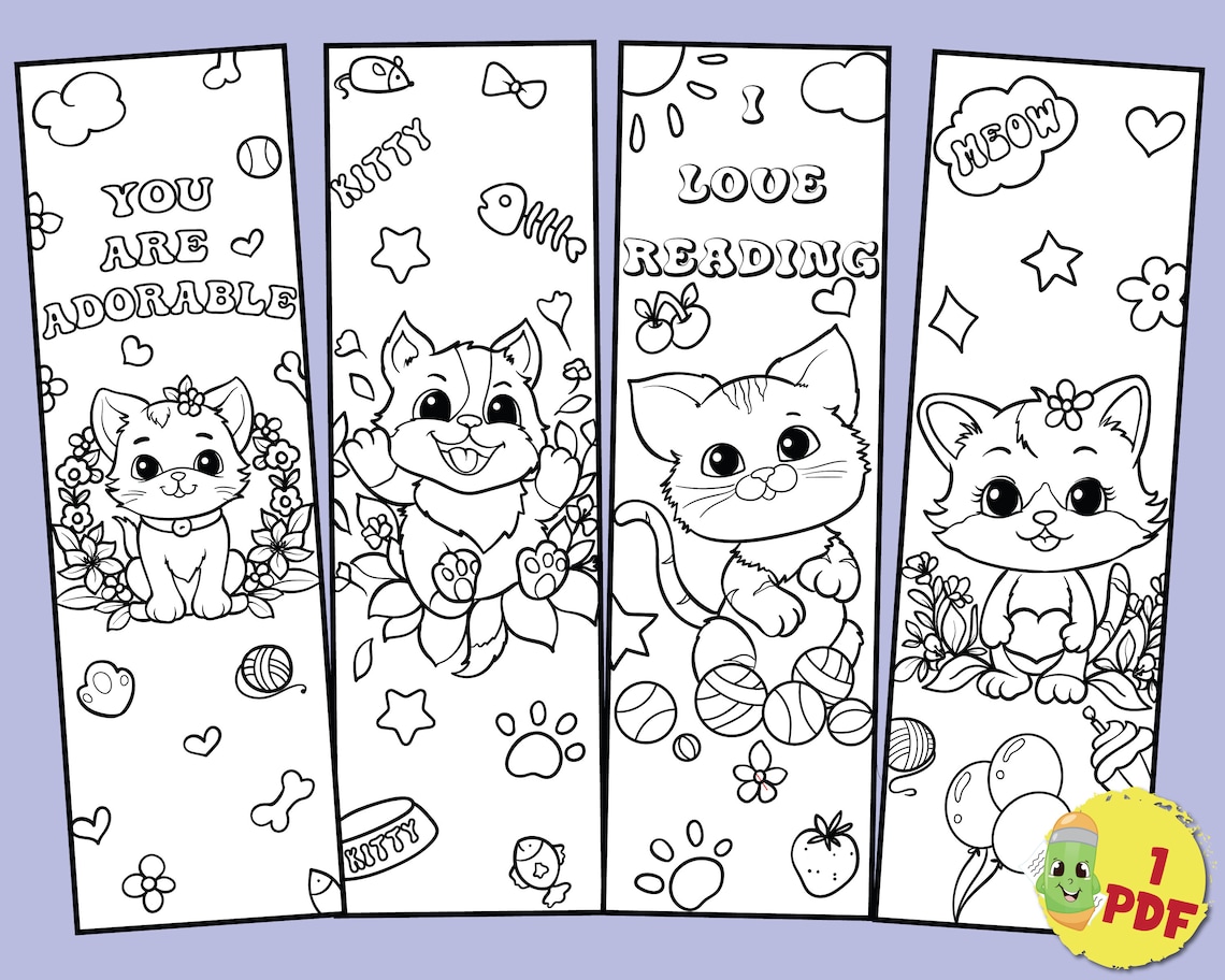 Printable Cute Cat Coloring Bookmarks for Kids, Activity Sheets