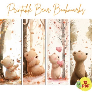Printable cute watercolor bear bookmarks for kids ,digital bookmarks, toddler, baby bear in the woods bookmarks, nursery theme, animals, PDF