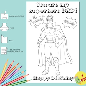 Páginas para colorear de tarjetas de feliz cumpleaños imprimibles, tarjeta de felicitación de superhéroe, página para colorear, papá de feliz cumpleaños, tarjeta de felicitación, favor de fiesta