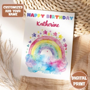 Cartão de aniversário arco-íris pastel para impressão, cartão de feliz aniversário, cartão personalizado, presente de aniversário, cartão personalizado, download digital