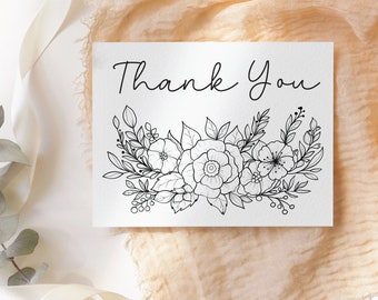 Printable flower thank you greeting card, love greeting card, printable card, appreciation card, digital card, floral coloring greeting card