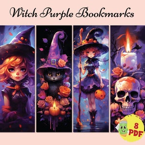 May include: Four digital art bookmarks with a witch theme. Each bookmark features a different illustration of a witch, a black cat, a skull, and candles. The text "Witch Purple Bookmarks" is at the top. The image also includes the text "8 PDF".