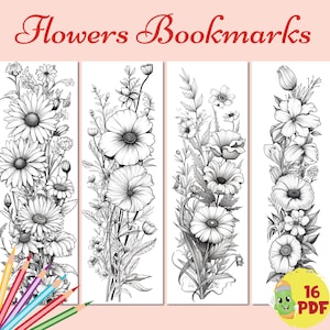 Printable flowers bookmarks  for kids and adults, digital download bookmarks, wild flowers coloring pages, floral, coloring sheets, PDF