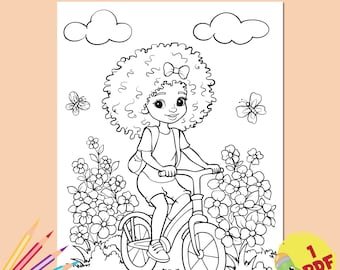 Printable cute afro kid girl coloring page for kids, girl on bike , cute african american girl coloring sheet, digital coloring, flowers
