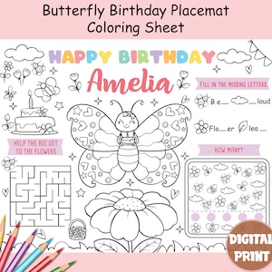 Gepersonaliseerde verjaardagskaart, afdrukbare vlinder, fijne verjaardag, placemat kleurplaten activiteitenblad, placemat kleurplaten, kleurplaat placemat