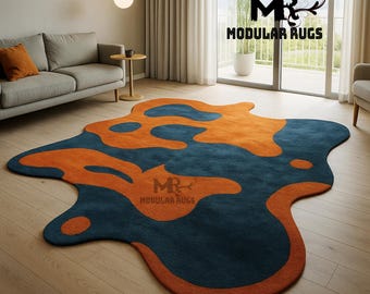 Hand Tufted Wool Area Rug: Deep Teal Blue & Orange Modern  Rugs For Livingroom Bedroom Kitchen Nursery 5X8 8X10 9X12 10X14 Custom Rug
