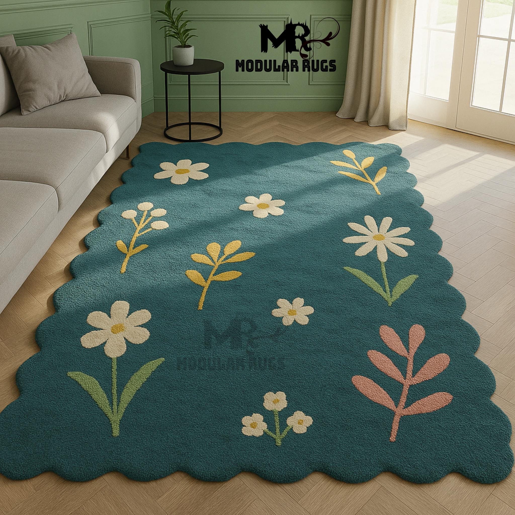 Hand Tufted Wool Rug: Blue Scalloped Handmade Carpet Rugs For Livingroom Bedroom Kitchen Nursery 5X8 8X10 9X12 10X14 Custom Rug