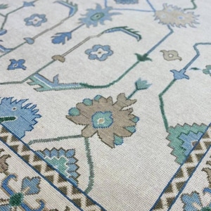 Handmade Cream Oushak Rug: Muted Blue Green Wool, Turkish Knot