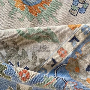 Hand Knotted Oushak Wool Rug: Light Beige, Blue & Orange Turkish Design Rug