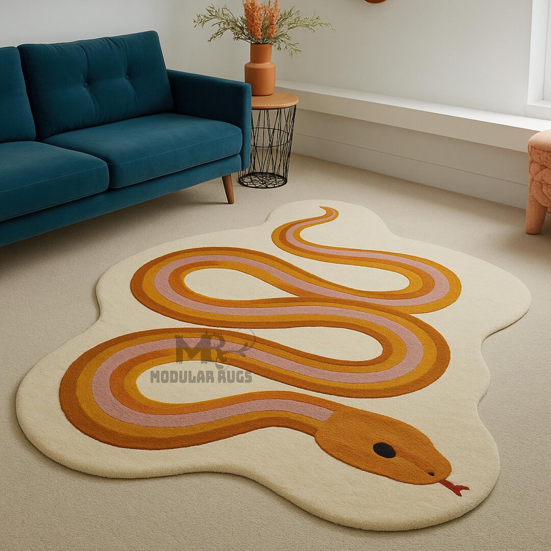 Attractive Hand-tufted Snake Rug | Irregular Shaped Cream Wool Area ...