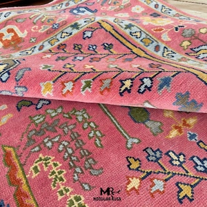 Hand Knotted Wool Oushak Rug: Pink Turkish Carpet, Colorful Floral Design