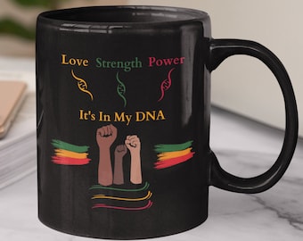 Historia negra, taza de café negro, historia afroamericana, herencia negra, está en mi ADN, derechos civiles, legado, taza de regalo conmemorativa negra