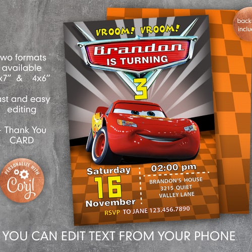 Cars Birthday Invite Cars Party Invitation Lighting Mcqueen Etsy