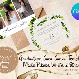 Carte d'invitation de remise des diplômes Maile Pikake blanc 2 brins - modèle toile 7 x 5, téléchargement numérique instantané