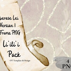Puede incluir: Una descarga digital de cuatro archivos PNG que muestran un rollo vintage con el texto "Tuberose lei Version 1 Frame PNG li ili i Pack OT Template & Design 4 PNG". El rollo está sobre un fondo rosa claro con un patrón floral blanco.