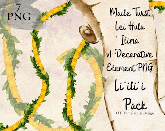 Maile Twist Lei Hulu Ilima、ハワイの花のPNG装飾要素、花の装飾デザイン、即時ダウンロード、Li'ili'i Pack - v1