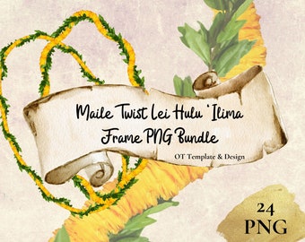 Maile Twist Lei Hulu Ilima, Hawaiian Flower Frame PNG Bundle, Digital Download