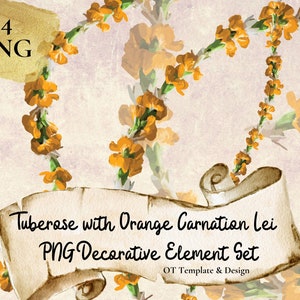 Tuberose Orange Carnation Lei, Hawaiian Flower PNG Decorative Element Set, Digital Download