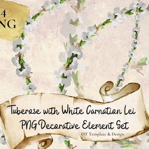 Tuberose White Carnation Lei, Hawaiian Flower PNG Decorative Element Set, Digital Download