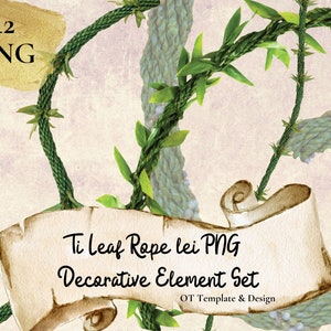 Ti Leaf Repe Lei, Hawaiiansk Blomma PNG Dekorativt Element Set, Digital Nedladdning
