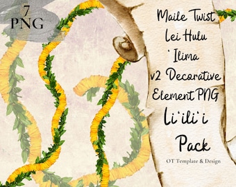 Maile Twist Lei Hulu Ilima、ハワイの花のPNG装飾要素、花の装飾デザインインスタントダウンロード、Li'ili'i Pack - v2
