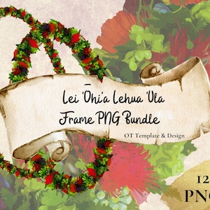 Red Ohia Lehua Lei, Hawaiian Flower Frame PNG Bundle, Digital Download