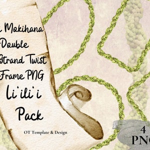 May include: A digital download of 4 PNG files featuring a twisted rope frame design in green and brown. The text "Lei Mokihana Double 3 Strand Twist Frame PNG Li'ili'i Pack OT Template & Design" is visible on the image.