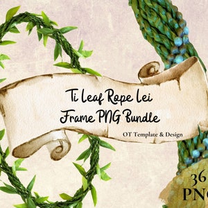 Ti Leaf Rope Lei PNG Frame Bundle, Hawaiian Flower Garland, Oval, Square, Rectangle, Circle, Green Border, Digital Instant Download