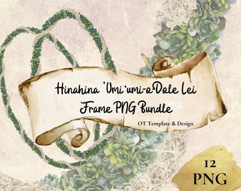 Hinahina スパニッシュモスツイストレイ、ハワイアンフラワーフレームPNGバンドル、デジタルダウンロード