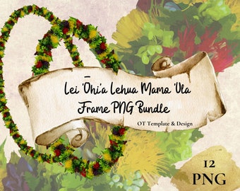 Yellow Lei Hulu Kamoe Hawaiian PNG Frame Bundle, Digital Instant
