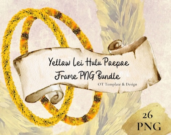 Yellow Lei Hulu Poepoe Hawaiian PNG Frame Bundle, Digital Instant