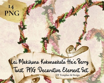 Mokihana Kukunaokala He'e Berry 3 Strand Twist Lei, Hawaiian Flower PNG Decorative Element Set, Digital Download