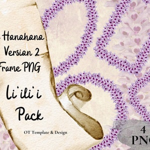 Puede incluir: Una descarga digital de cuatro archivos PNG con un marco de lei de orquídea púrpura. El texto "Lei Honohana Version 2 Frame PNG li ili i Pack OT Template & Design 4 PNG" es visible en la imagen.