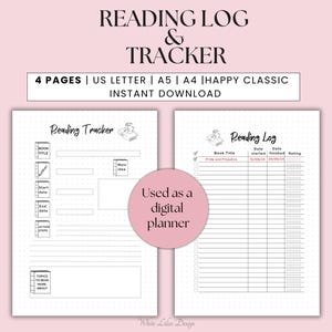 May include: A printable reading log and tracker with a black and white design. The tracker has sections for book title, start date, end date, main ideas, and topics to read more about. The log has sections for book title, date started, date finished, and rating.
