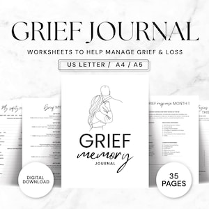 May include: A digital download of a grief journal with worksheets to help manage grief and loss. The cover features a line drawing of two people embracing. The journal includes 35 pages and is available in US Letter, A4, and A5 sizes.