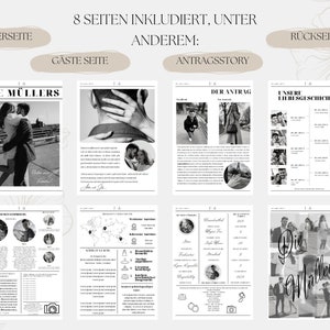 Seitenübersicht der Hochzeitszeitung mit acht gestaltbaren Seiten – Inhalte zu Liebe, Hochzeit und Gästen, vollständig editierbar.