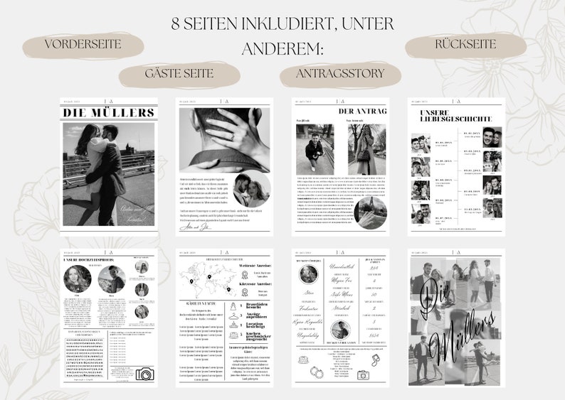 Seitenübersicht der Hochzeitszeitung mit acht gestaltbaren Seiten – Inhalte zu Liebe, Hochzeit und Gästen, vollständig editierbar.