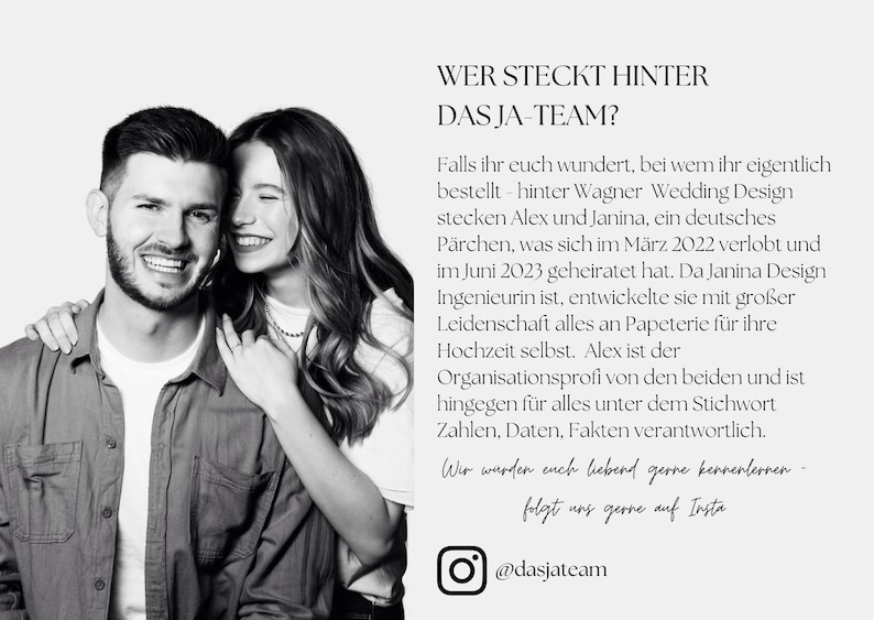 Vorstellung des Hochzeit-Design-Teams Das Ja-Team – Alex und Janina, Designer-Paar hinter den Canva Vorlagen für moderne Hochzeits­papeterie