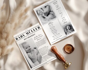 Baby Zeitung Vorlage Geburt - Personalisierbare Geburtsanzeige Magazin-Stil - Canva Vorlage A5 - Karte Mädchen & Jungen