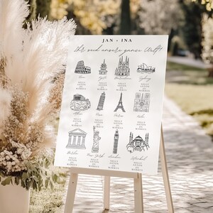 Puede incluir: Un plano de asientos de boda blanco sobre un caballete, con dibujos lineales negros de monumentos famosos como la Torre Eiffel y la Estatua de la Libertad. El texto incluye nombres y la frase "Ihr seid unsere ganze Welt!"