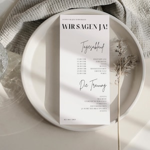 Hochzeitsprogramm für minimalistische Hochzeit I Menükarte I Infografik I Hochzeitstag Zeitplan I Programmheft Hochzeit- Canva Vorlage