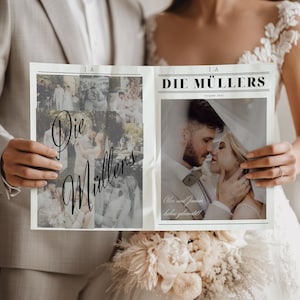 May include: A newspaper-style wedding announcement held by a couple. The left side features a collage of wedding photos with the text "Die Müllers." The right side displays a romantic photo of the couple with the text "Die Müllers" and a smaller text below.