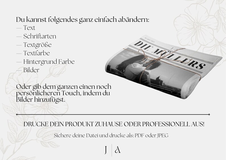 Gefaltete Hochzeitszeitung als kreative Erinnerung oder Geschenk für Gäste – personalisierbare Vorlage mit Titelblatt und Artikeln.