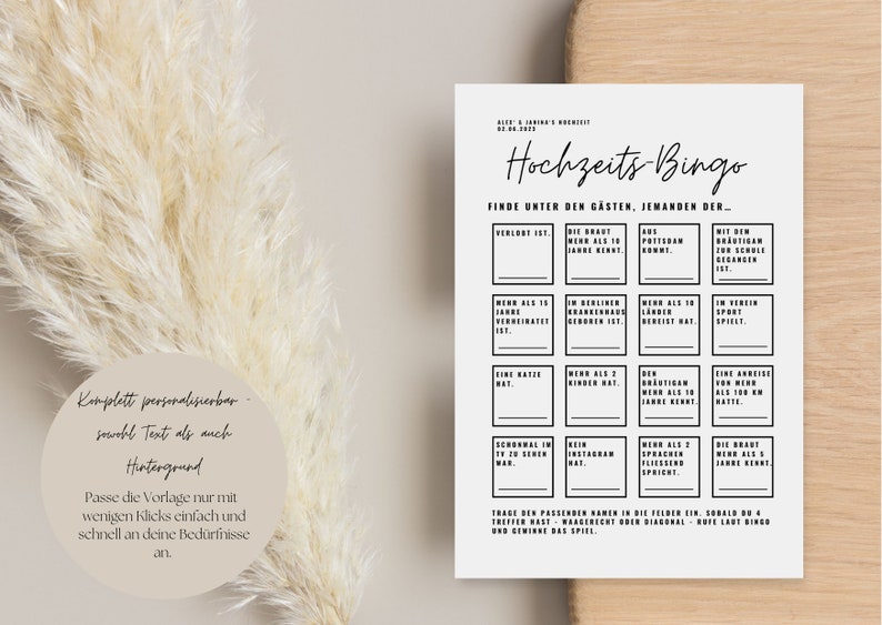 Hochzeitsbingo zum Ausfüllen I Gästebuch I Hochzeit Gastkarte I Spiel Hochzeit I Gästekarte I "Finde den Gast" Spielkarte - Canva Vorlage A5